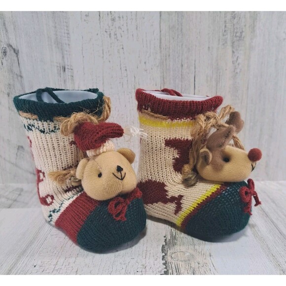 2 Knitted Christmas Boots Candy Cane Holders Stockings Plastic Inserts Deer Bear - Picture 2 of 10